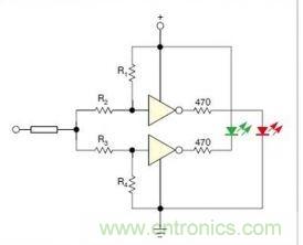 在雙門構成的CMOS/TTL兼容探頭中，R1至R4電阻網絡對反相器輸入端做偏置
