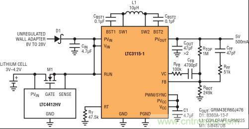 圖7：LTC3115-1與LTC4412HV相結(jié)合，以獲得由單節(jié)鋰離子電池和未穩(wěn)壓交流適配器提供的雙輸入5V電源