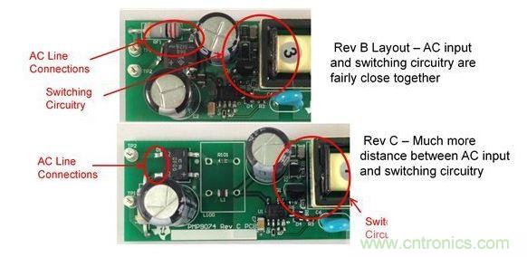 讓輸入布線與具有高 dV/dt 的節點靠得太近會增加傳導 EMI