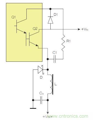 為了實現(xiàn)用兩個元器件提升電源轉換效率,芯片上應有針對驅動器晶體管Q1集電極的單獨引腳。