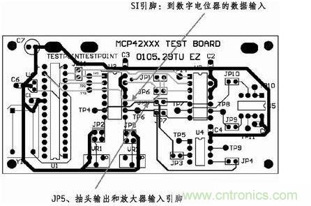 這是對圖2所示電路的第一次布線嘗試。此配置在模擬線路上產生不規律的噪聲，這是因為在特定數字走線上的數據輸入碼隨著數字電位器的編程需求而改變。