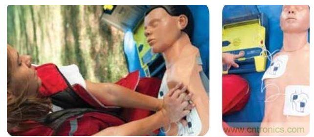胸部按壓CPR(左圖)迫使血液循環，為大腦及其它生命器官供血，直到AED重啟心臟(右圖)。